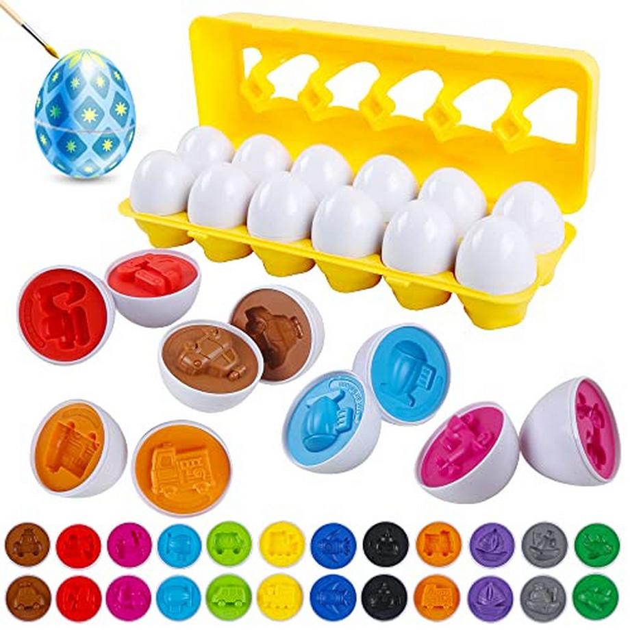 Spielzeug für Kleinkinder Eier Plastik 12Stck Passendes Eier Auto Spielzeug zum Bemalen Formen und