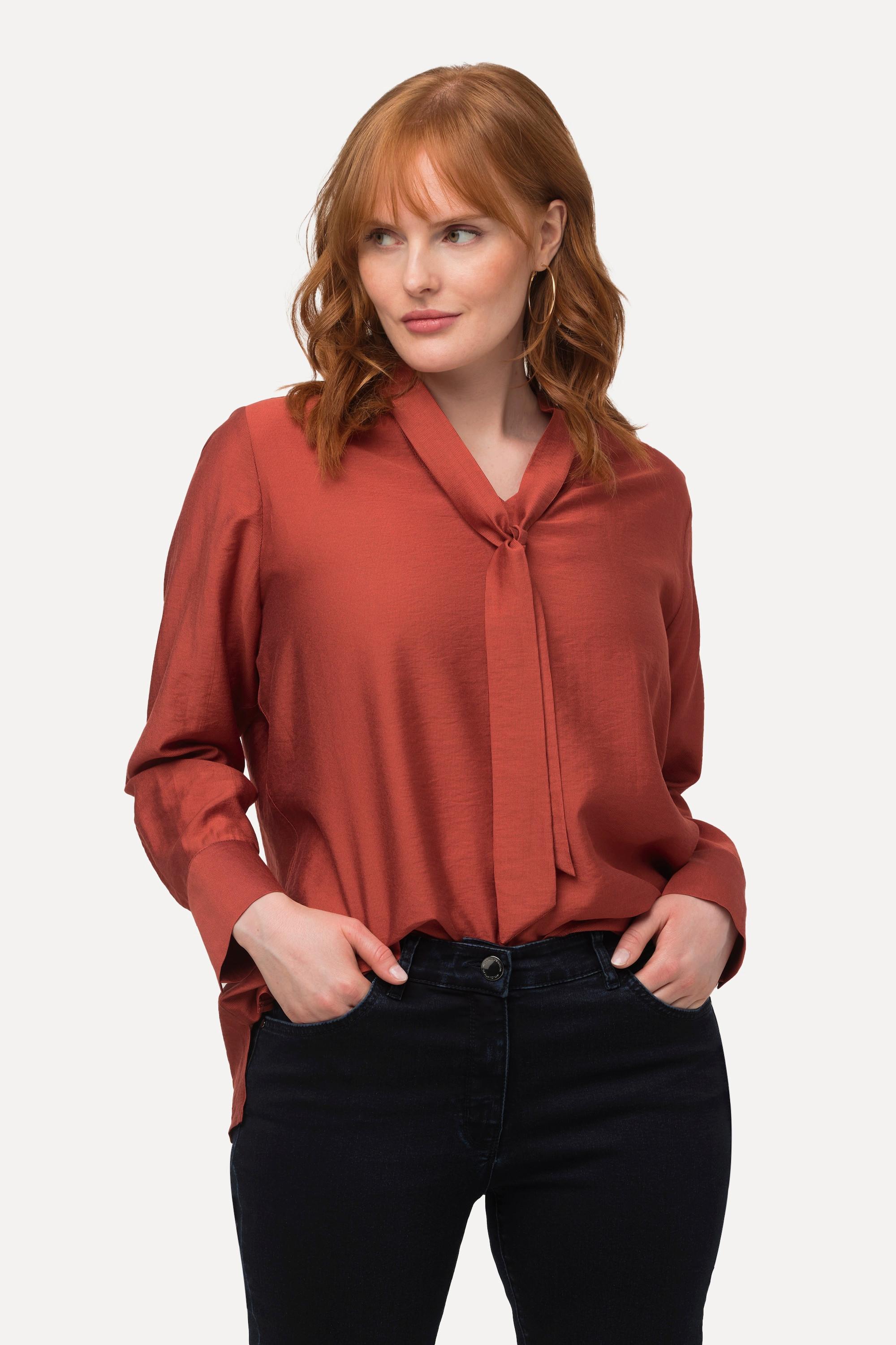 Ulla Popken  Blouse à lavallière, manches longues et col en V, micro-rayures 