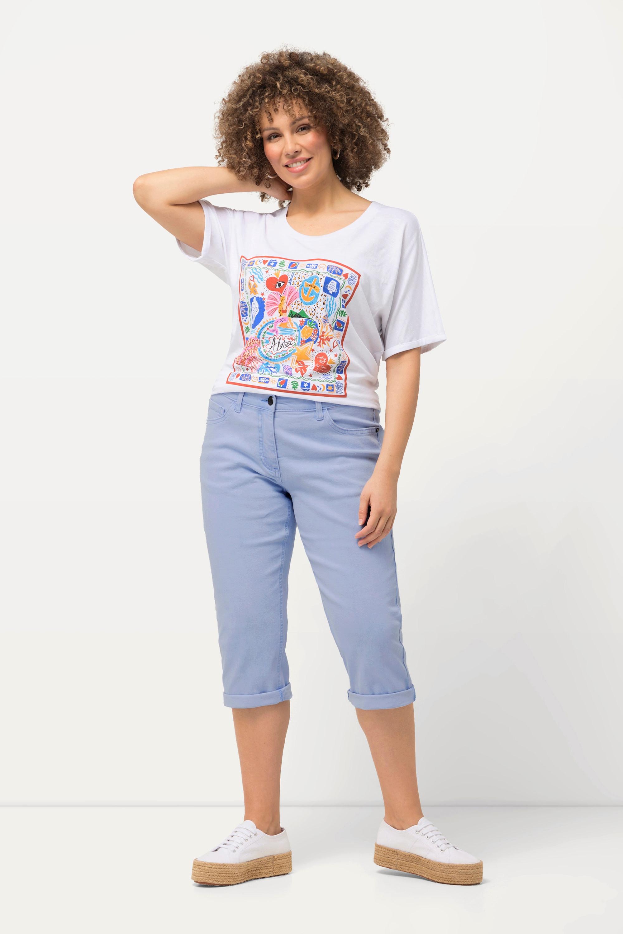 Ulla Popken  Boyfriend jeans Capri con taglio della gamba ampio e cintura elastica 