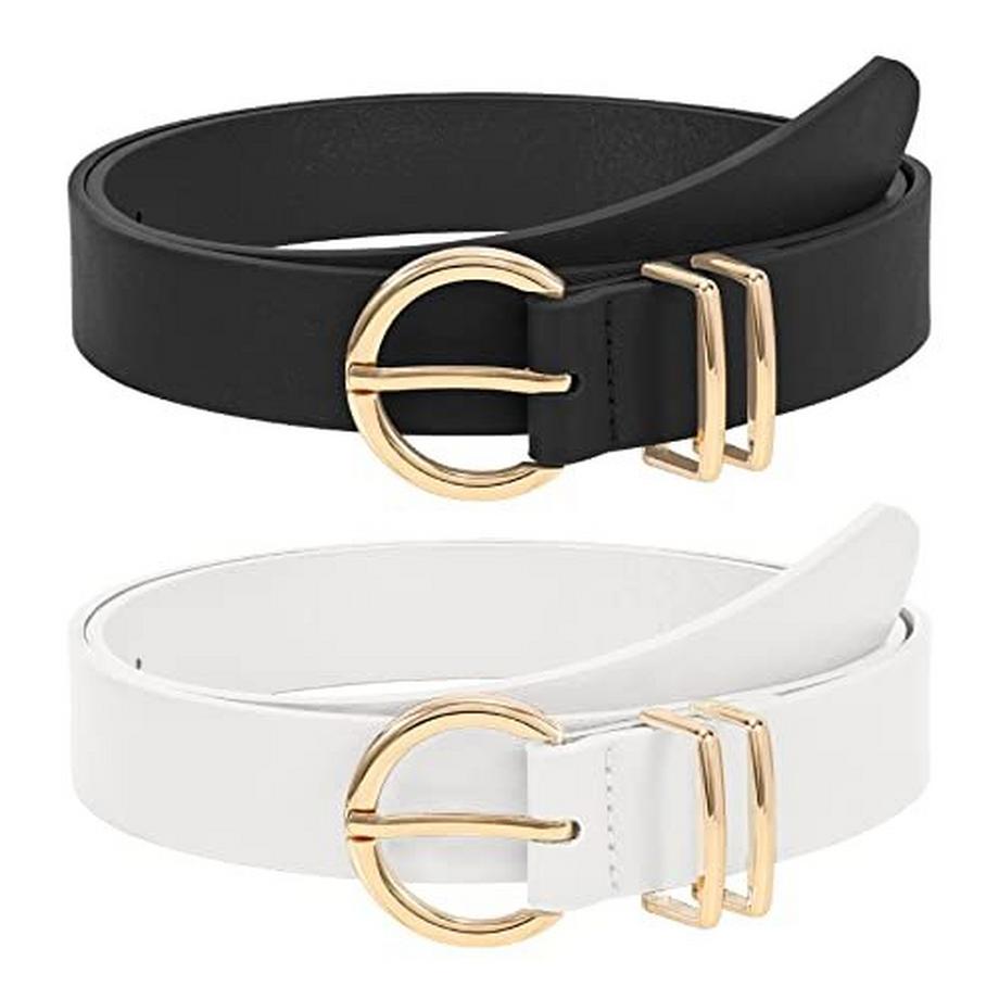 2 pièces ceinture en cuir boucle dorée ceinture en cuir pour robe pantalon jean, 120 cm noir + blanc