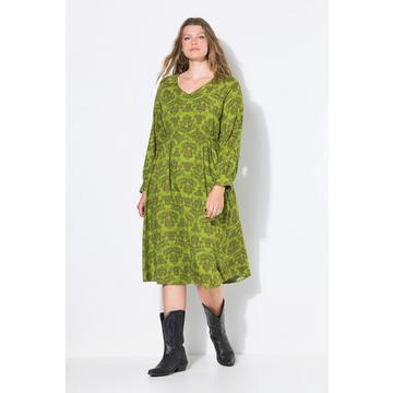 Robe midi, coupe évasée. Ruban élastique, motif cachemire