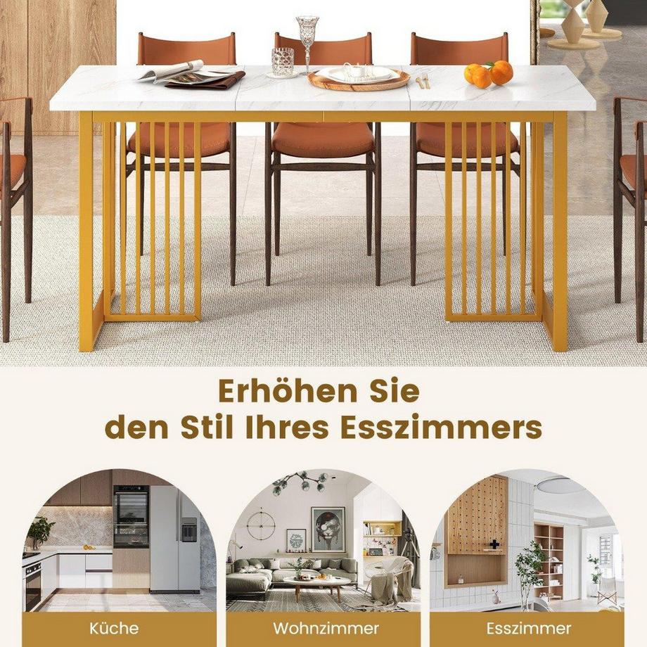 B2X Table de salle à manger en bois 160 x 60 cm table de cuisine rectangulaire aspect marbre et pieds en métal blanc + doré  