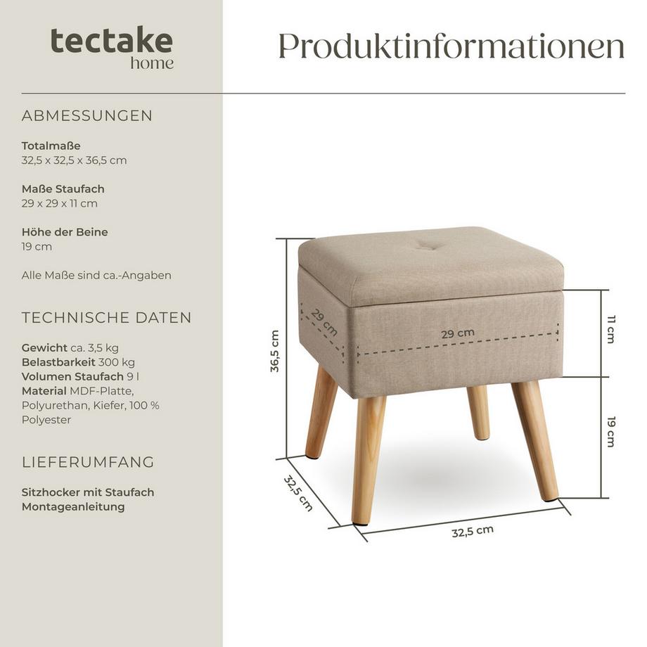 Tectake Sitzhocker mit Stauraum Elva quadratisch 32,5 x 32,5 x 36,5 cm  