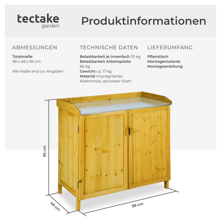 Tectake Pflanztisch Vita aus Holz mit verzinkter Arbeitsplatte  