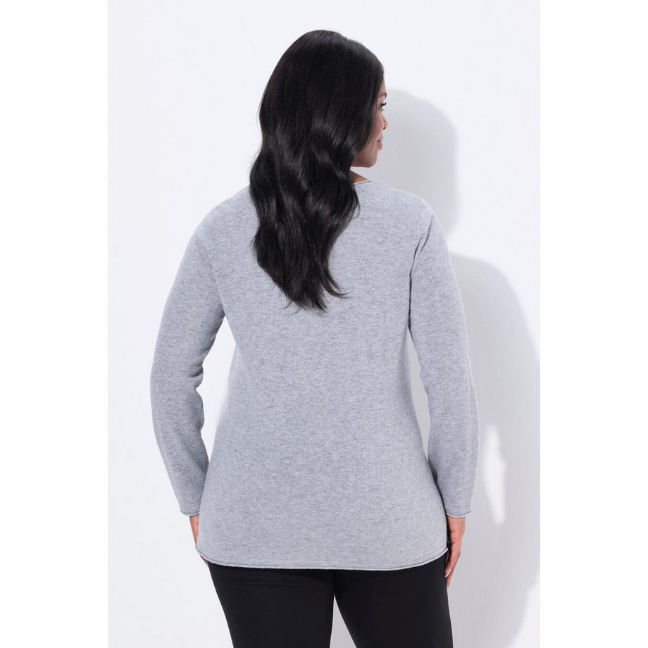 Ulla Popken Pull Merino Bords Roulottés Col V Manches Longues  