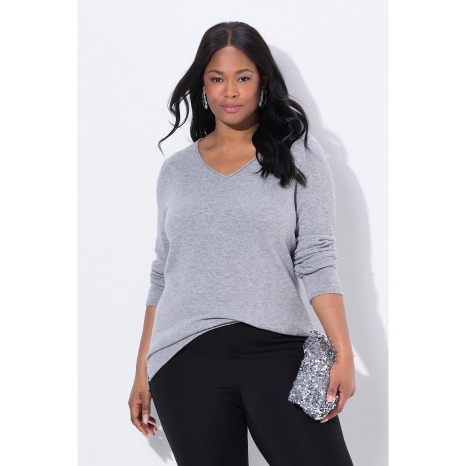 Ulla Popken Pull Merino Bords Roulottés Col V Manches Longues  