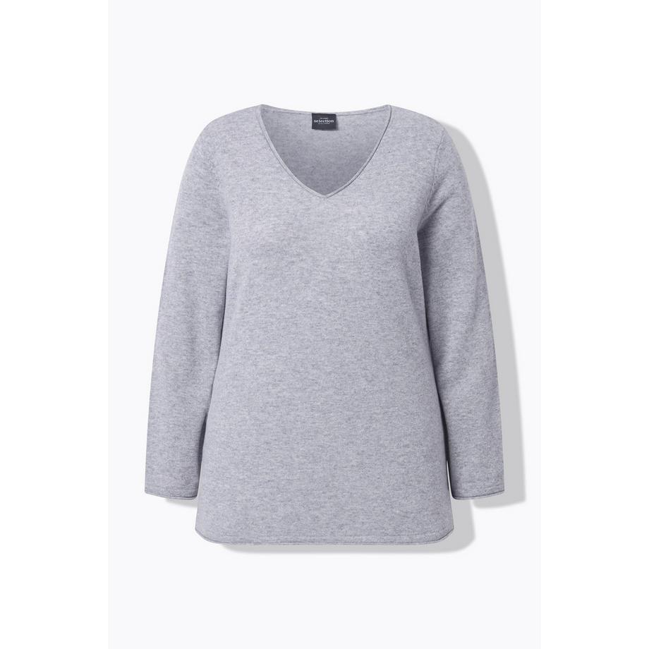 Ulla Popken Pull Merino Bords Roulottés Col V Manches Longues  