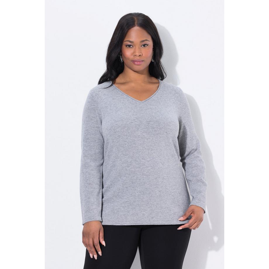 Ulla Popken Pull Merino Bords Roulottés Col V Manches Longues  