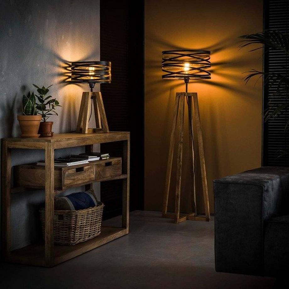mutoni Lampe de table abat-jour en spirale avec cadre en bois gris ardoise  