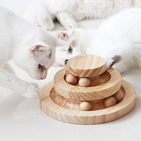 Alopini  Jouet interactif en bois pour chat, double couche rotative, boule de piste intelligente, rouleau à bascule, cadeaux, plateau tournant pour chats 