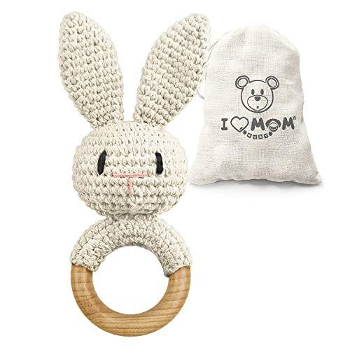 Image of Rassel Baby Holzspielzeug Beißring Baby handgemachtes Kaninchen Rassel Greifspielzeug Beige