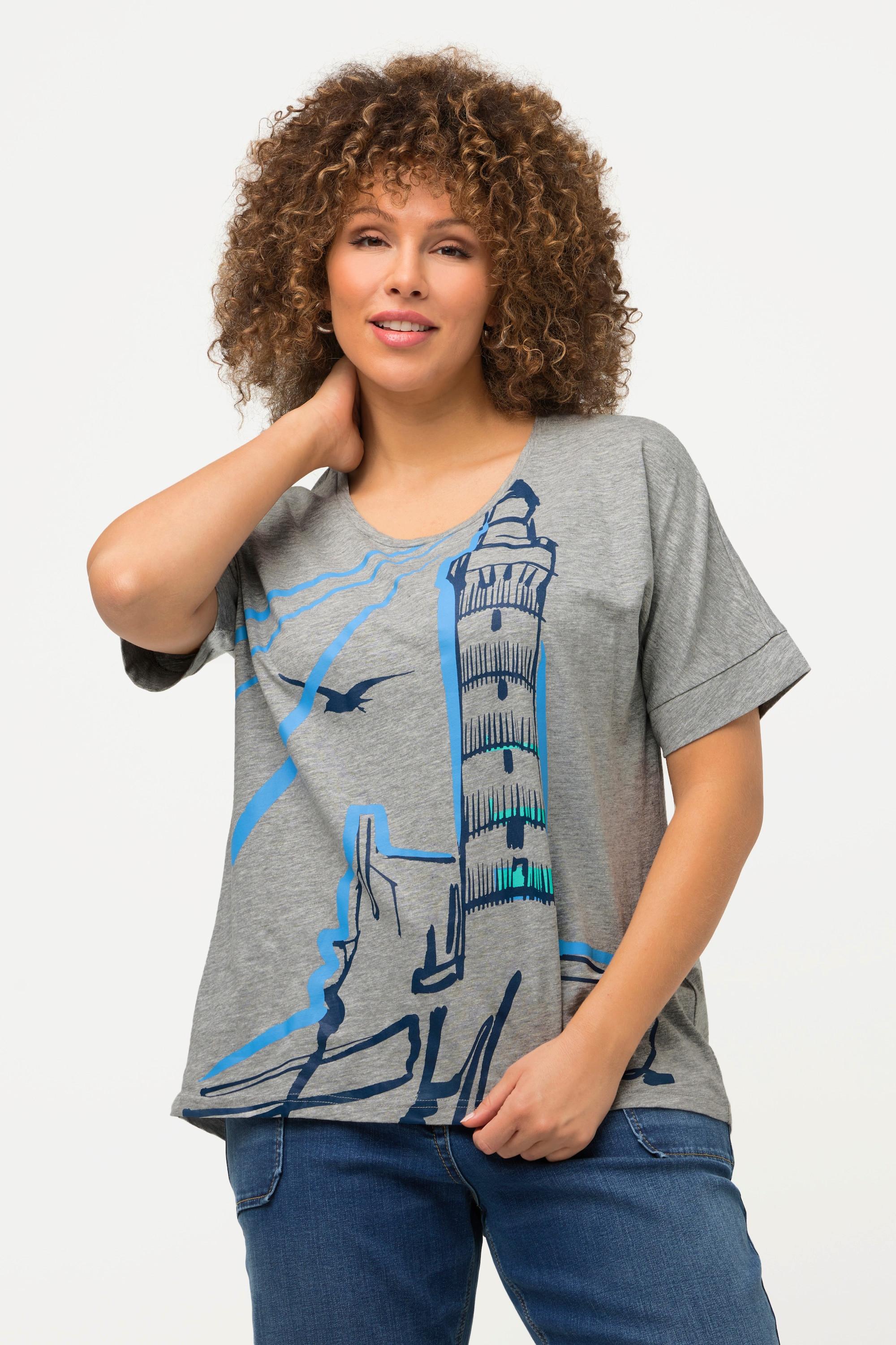 Ulla Popken  T-shirt oversized à col rond, manches courtes et motif phare 