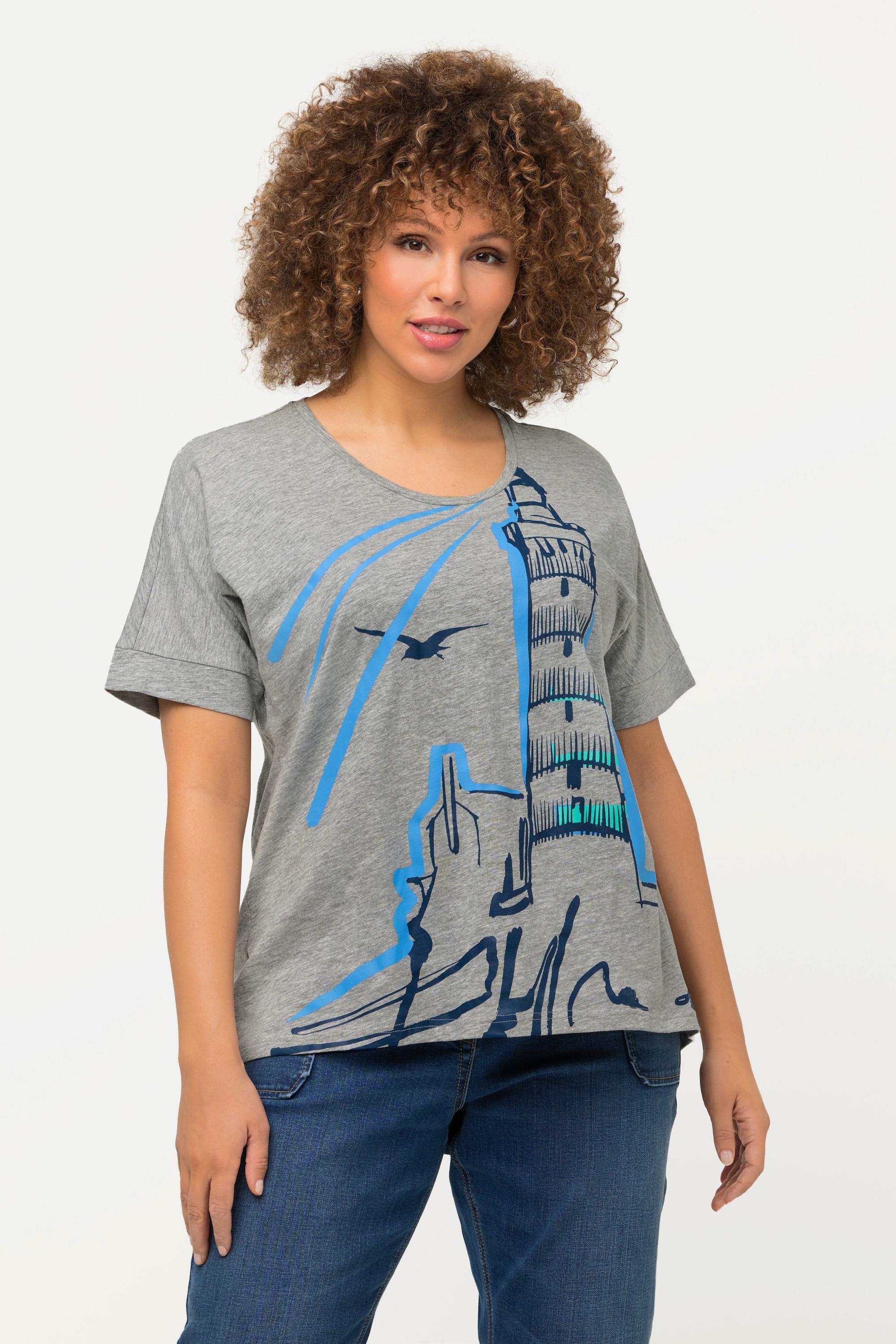 Ulla Popken  T-shirt oversized à col rond, manches courtes et motif phare 