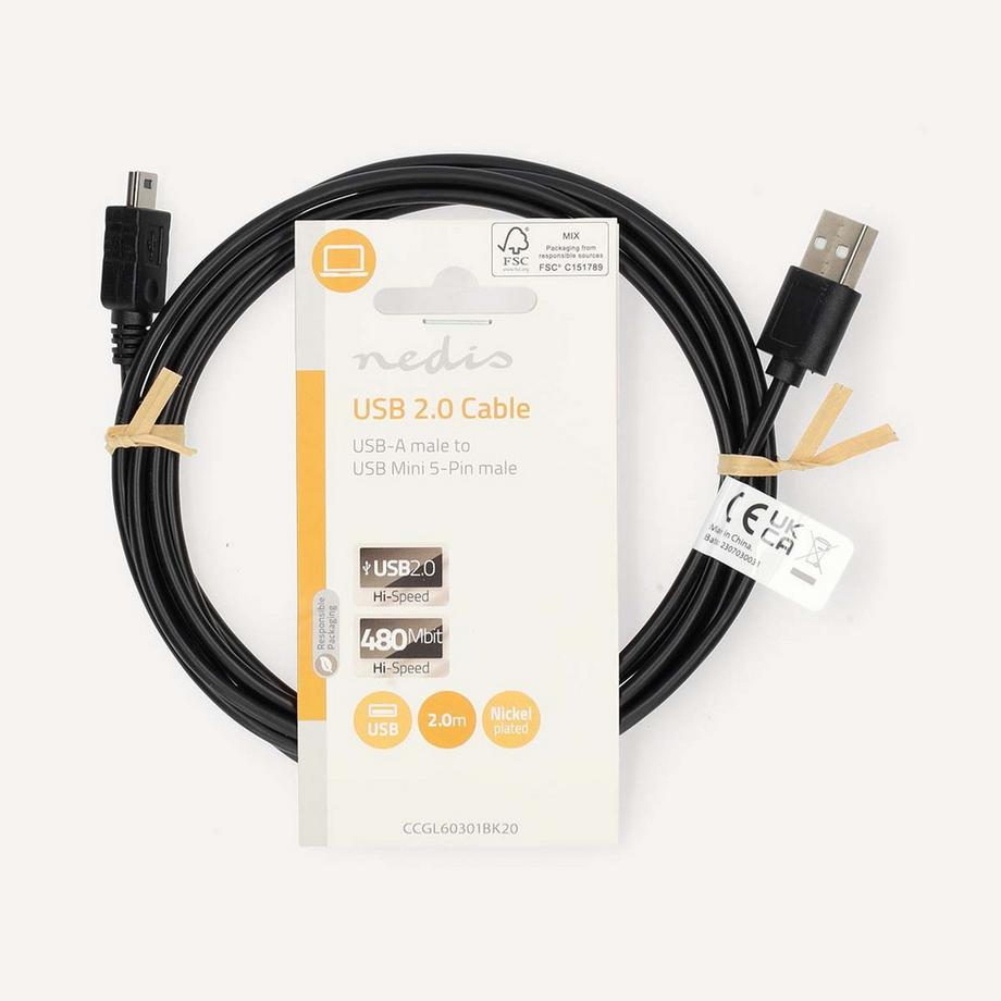 Nedis  Cavo USB | USB 2.0 | USB-A Hane | Mini 5-Pin Hane | 480 Mbps | Nickelplaterad | 2,00 m | Rotondo | PVC | Svart | Etichetta 