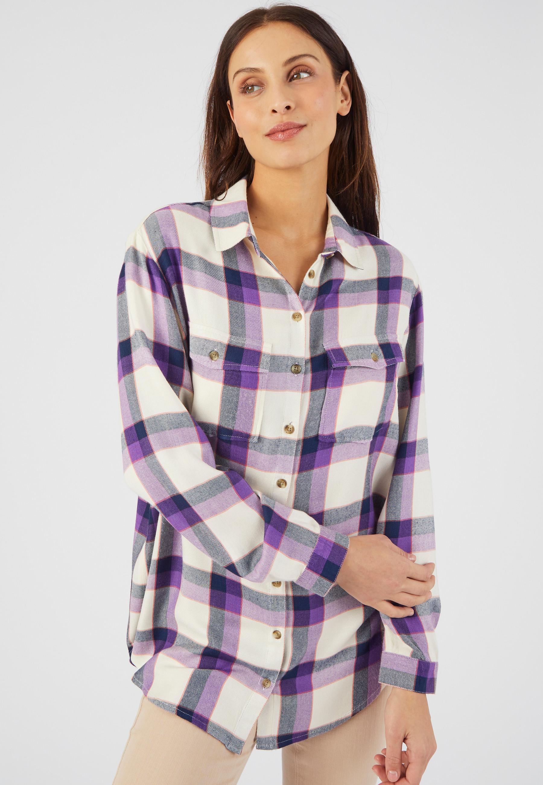 Image of Karierte Tunikabluse, Lange Ärmel Mit Geknöpften Manschetten, Weite Passform, Reine Viskose. Damen Violett 42