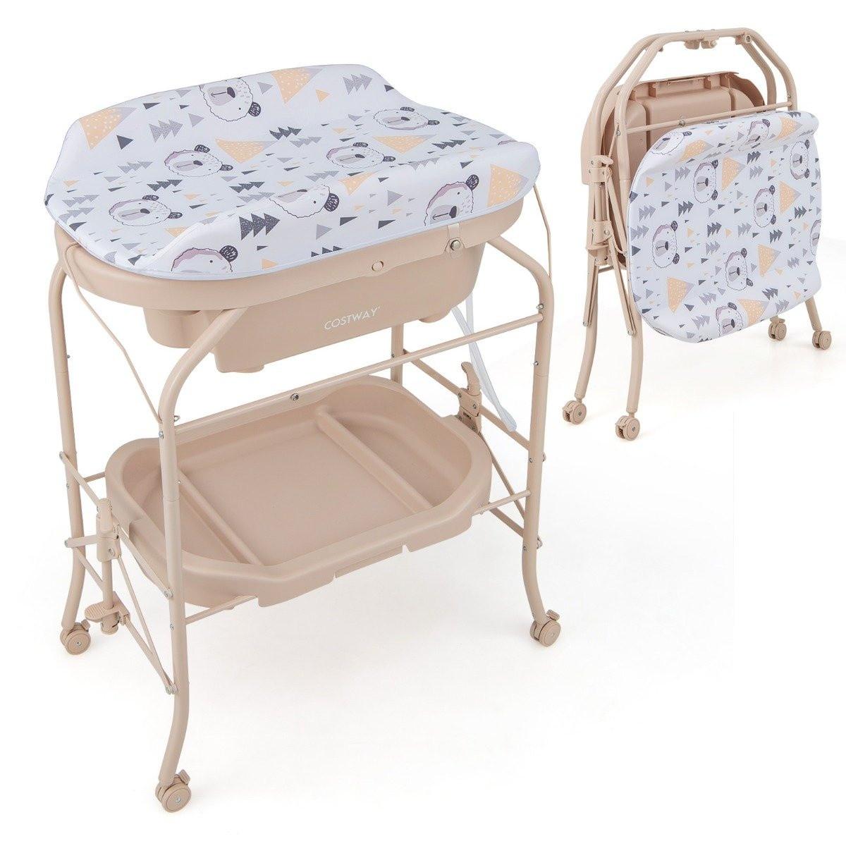 B2X  Baby Wickeltisch mit Badewanne Tragbare Wickelkommode mit PVC-Auflage 86 x 50 x 100 cm Beige 