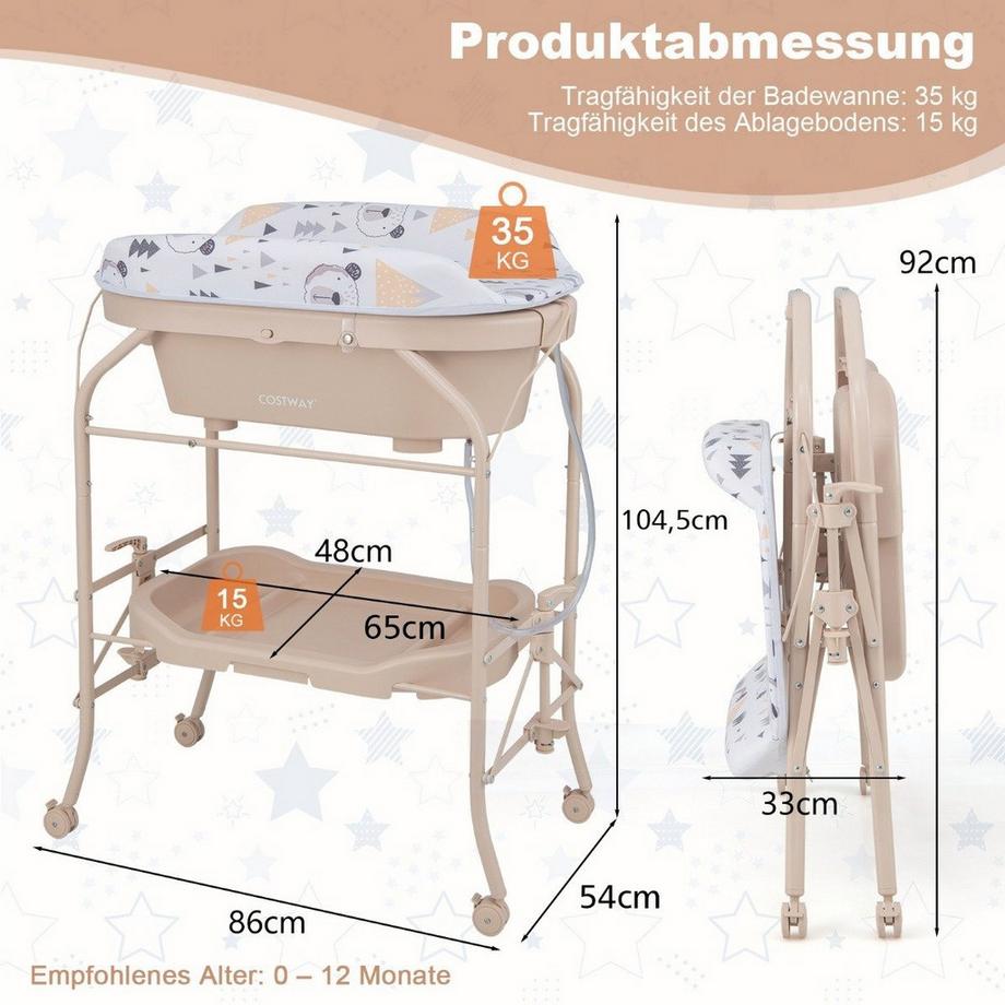 B2X  Baby Wickeltisch mit Badewanne Tragbare Wickelkommode mit PVC-Auflage 86 x 50 x 100 cm Beige 