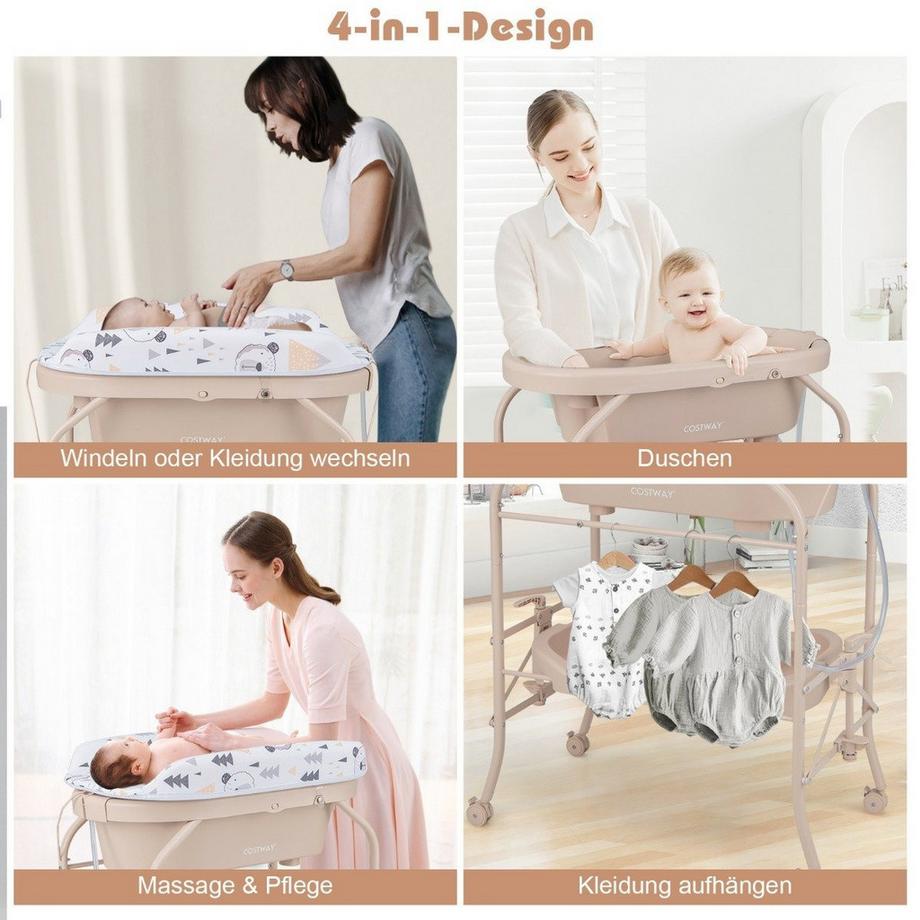 B2X  Baby Wickeltisch mit Badewanne Tragbare Wickelkommode mit PVC-Auflage 86 x 50 x 100 cm Beige 