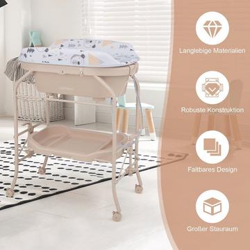 Baby Wickeltisch mit Badewanne Tragbare Wickelkommode mit PVC-Auflage 86 x 50 x 100 cm Beige