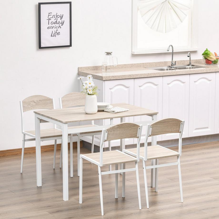 Northio  Essgruppe 5-Teilig Esstisch Set Mit Holzmaserung Mdf + Metall, Grau + Weiß, 1 Tisch + 4 Stühle 