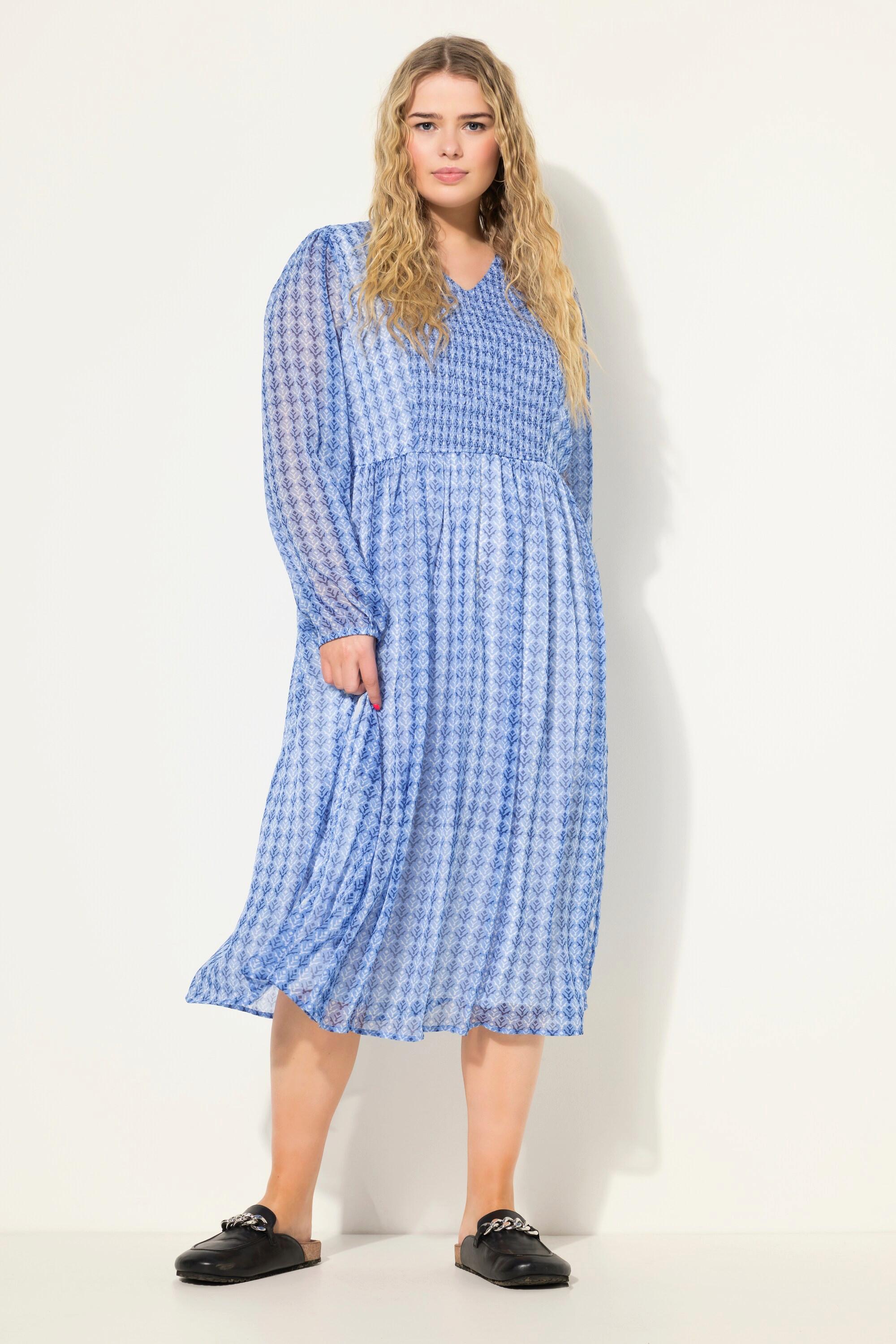 Studio Untold Robe Midi Coupe Trapèze Micro-Imprimé Décolleté en V Manches Longues  