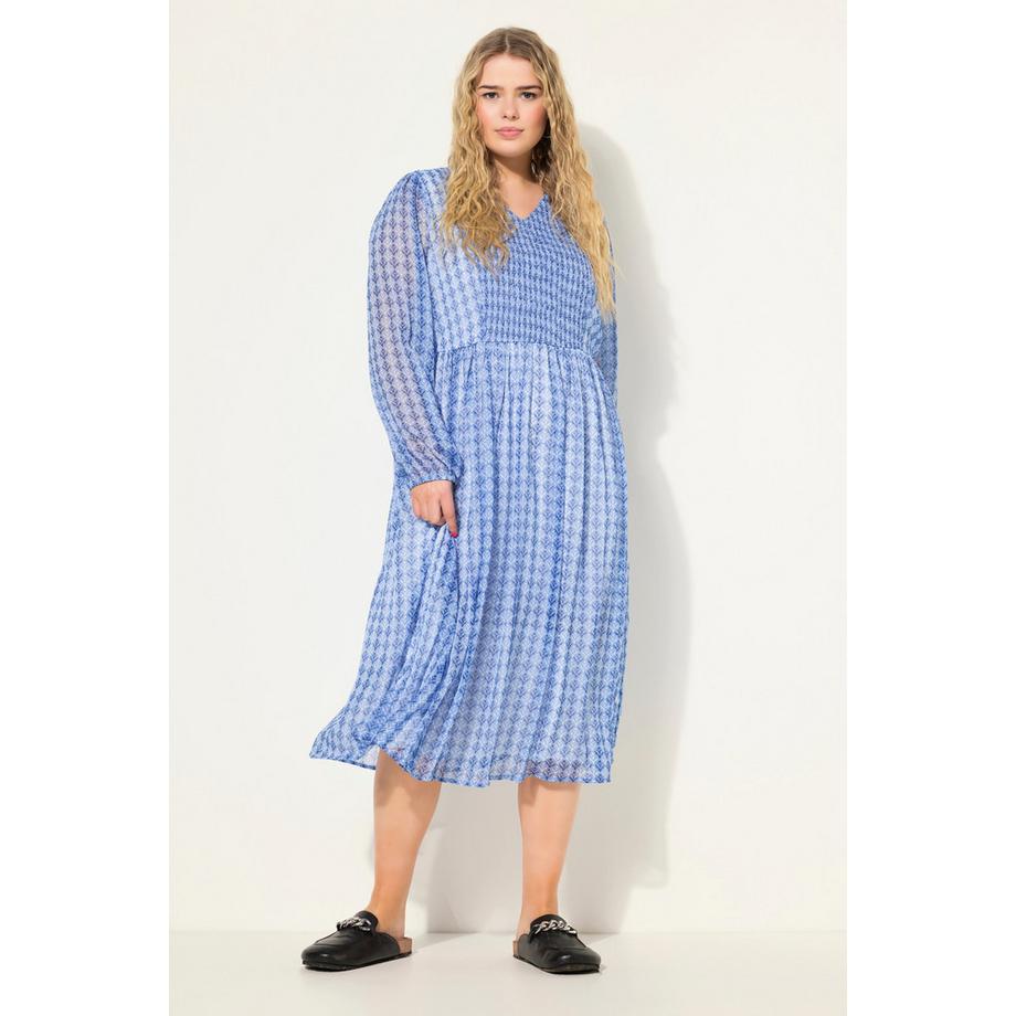 Studio Untold Abito Midi Svasato Stampa Minimalista Scollo a V Maniche Lunghe  