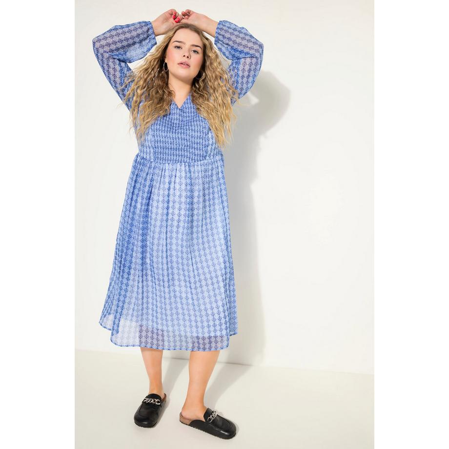 Studio Untold Abito Midi Svasato Stampa Minimalista Scollo a V Maniche Lunghe  