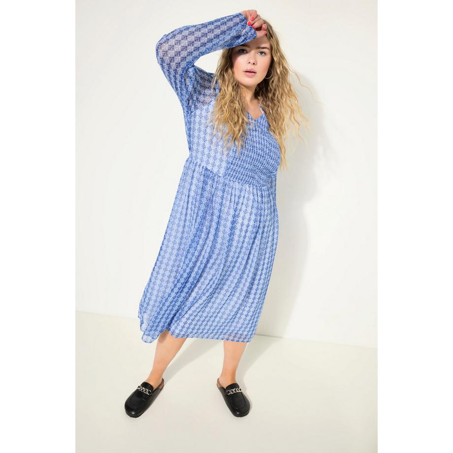 Studio Untold Abito Midi Svasato Stampa Minimalista Scollo a V Maniche Lunghe  