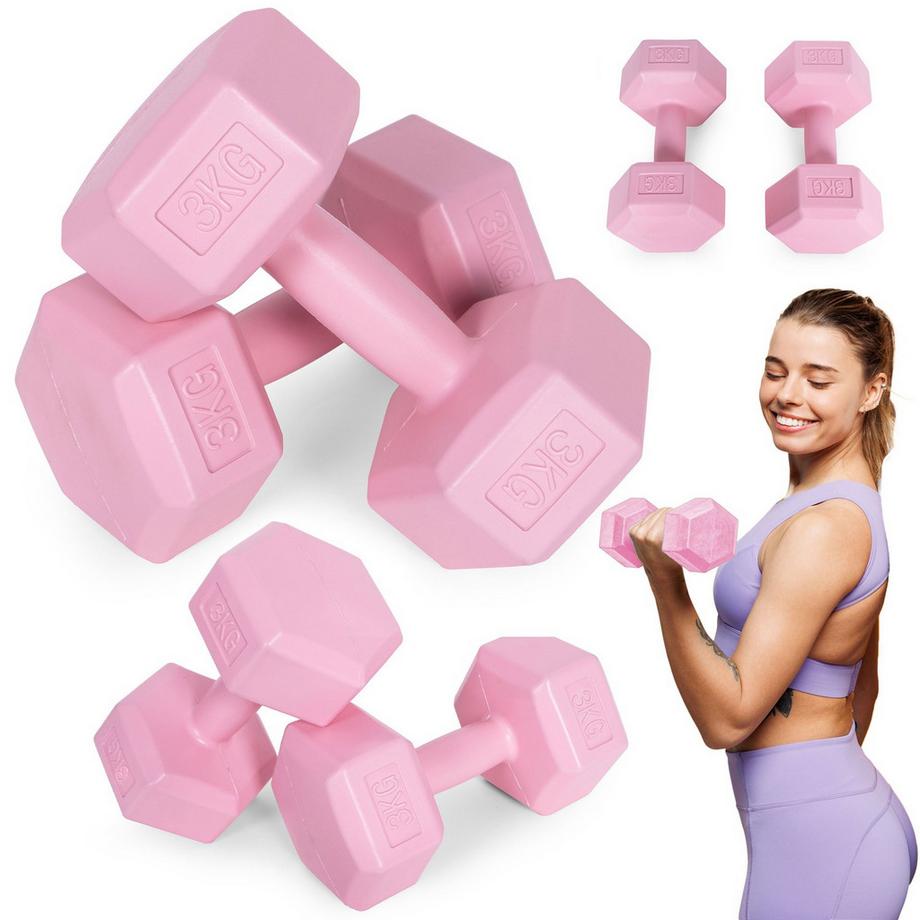 Jeu d'haltères hexagonaux 2x3 kg, poids d'exercice, charge de fitness, rose, ModernHome
