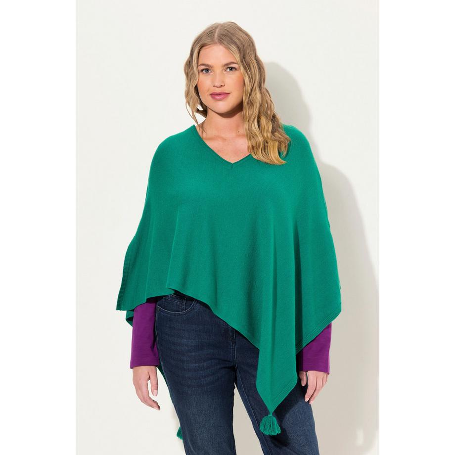 Ulla Popken Poncho di maglia orlo a punta nappe scollo a V smanicato  