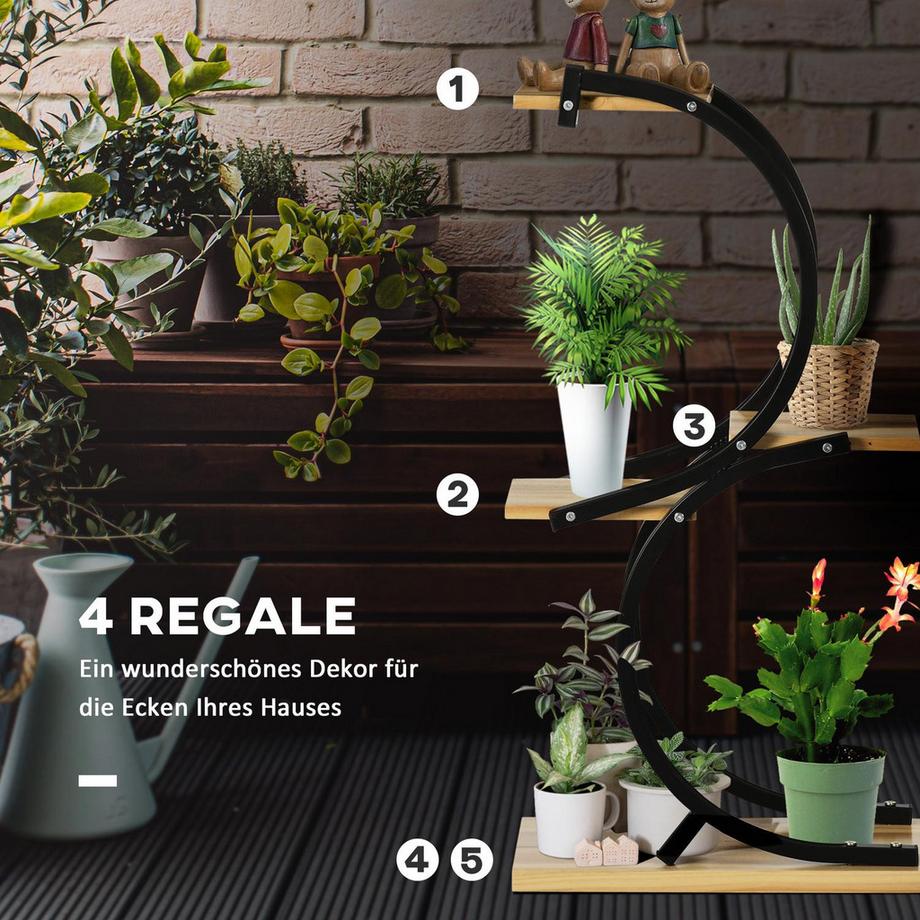 Northio Scaffale Per Piante Scale Per Fiori A 4 Livelli A Forma Di S, Supporto Per Piante Con Struttura In Metallo, Legno Massello, Nero, 46X25X91Cm  
