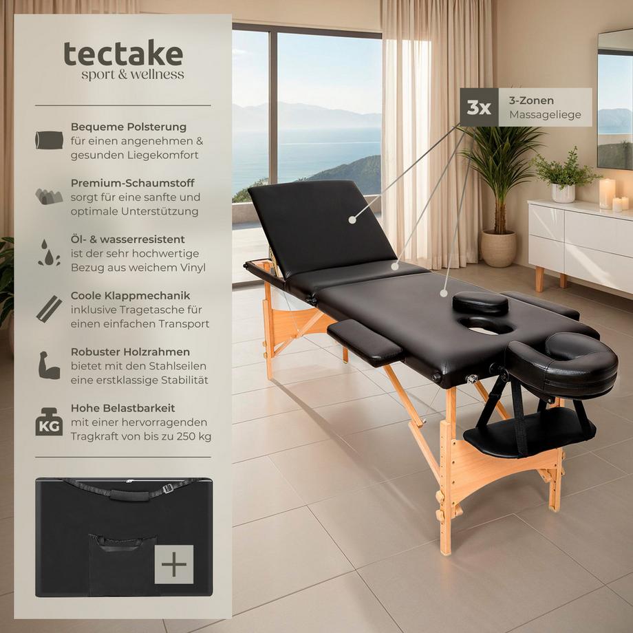 Tectake 3 Zonen Massageliege mit Polsterung und Holzgestell  