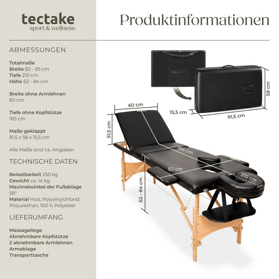 Tectake 3 Zonen Massageliege mit Polsterung und Holzgestell  