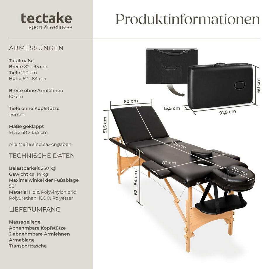 Tectake Table de massage portable pliante à 3 zones DANIEL largeur 60 cm et rembourrage 5 cm  