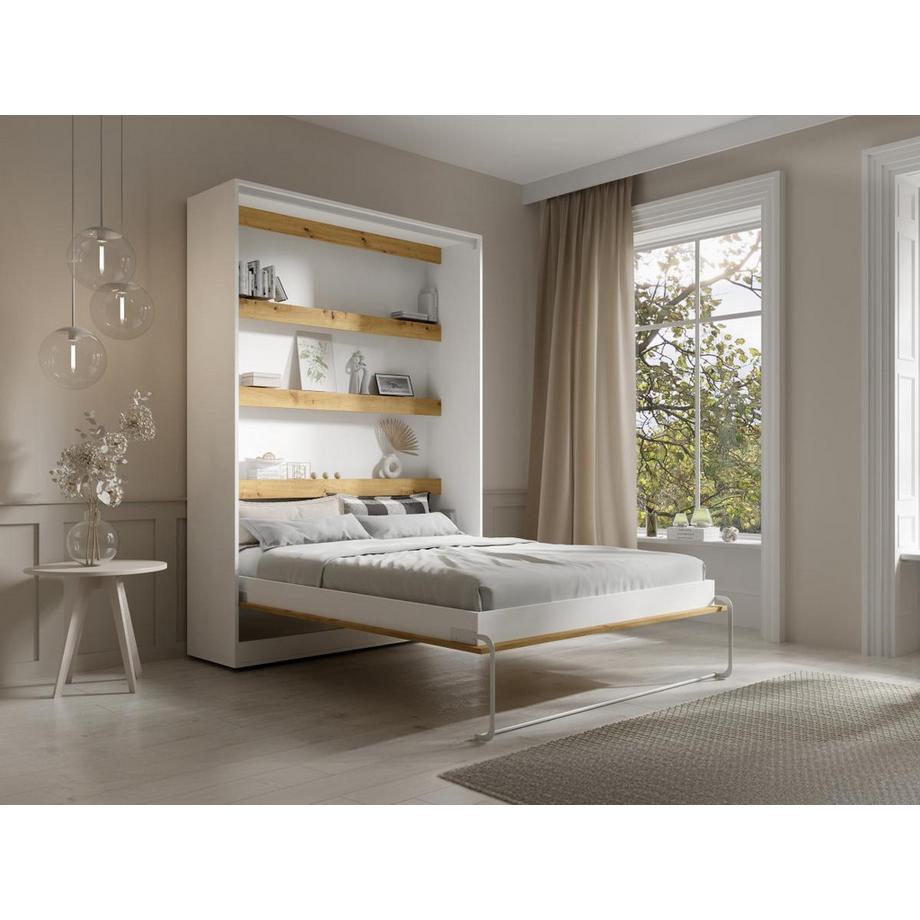 Vente-unique Lit escamotable 140 x 200 cm - Ouverture verticale manuelle - Avec LEDs - Blanc et naturel - RAPILI  