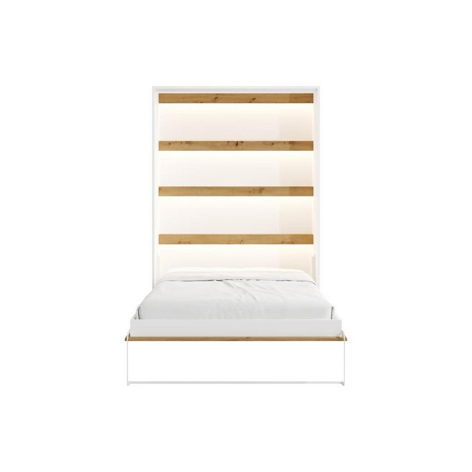 Vente-unique Lit escamotable 140 x 200 cm - Ouverture verticale manuelle - Avec LEDs - Blanc et naturel - RAPILI  