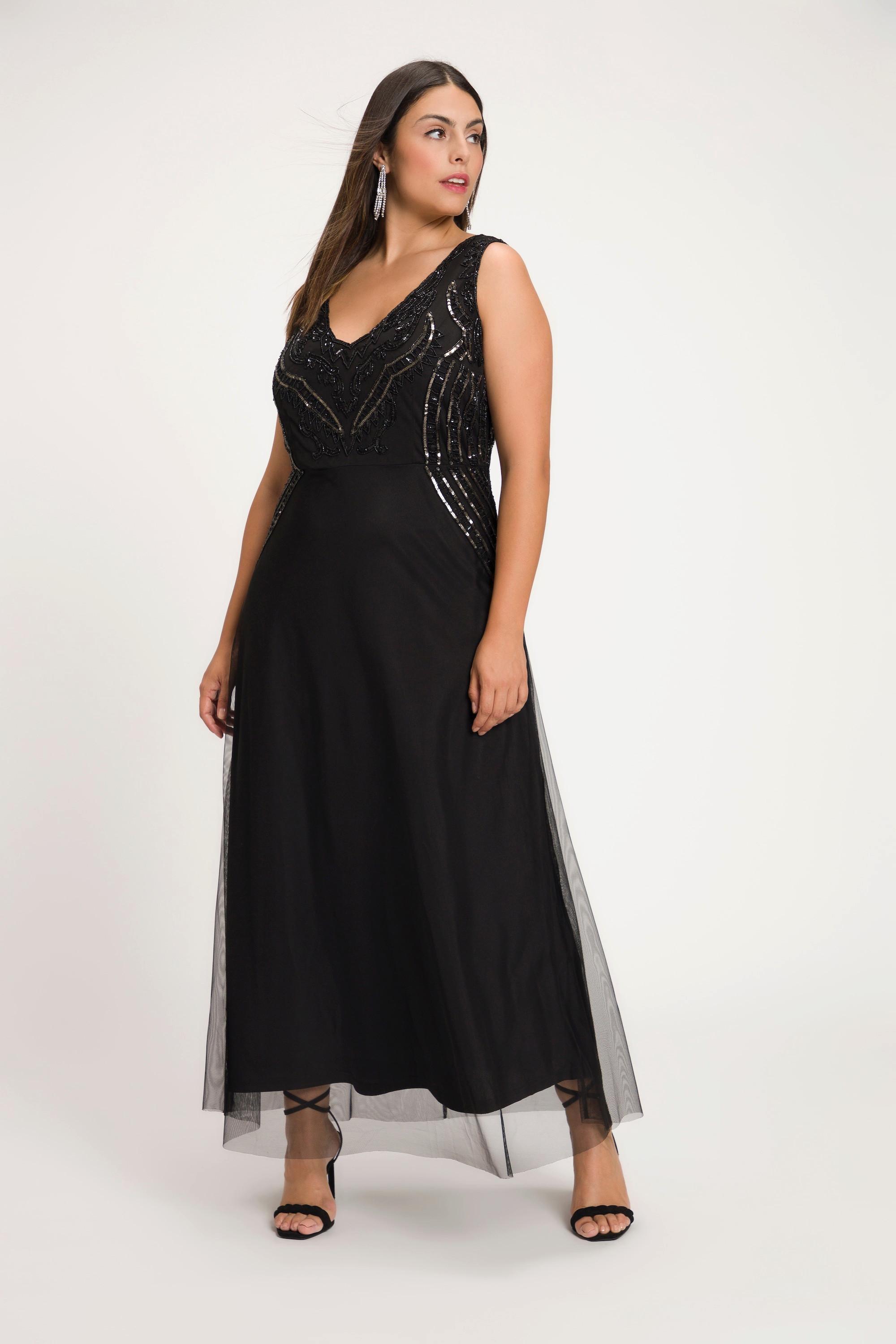 Ulla Popken  Robe maxi, doublée, perles, décolleté en V, sans manches 