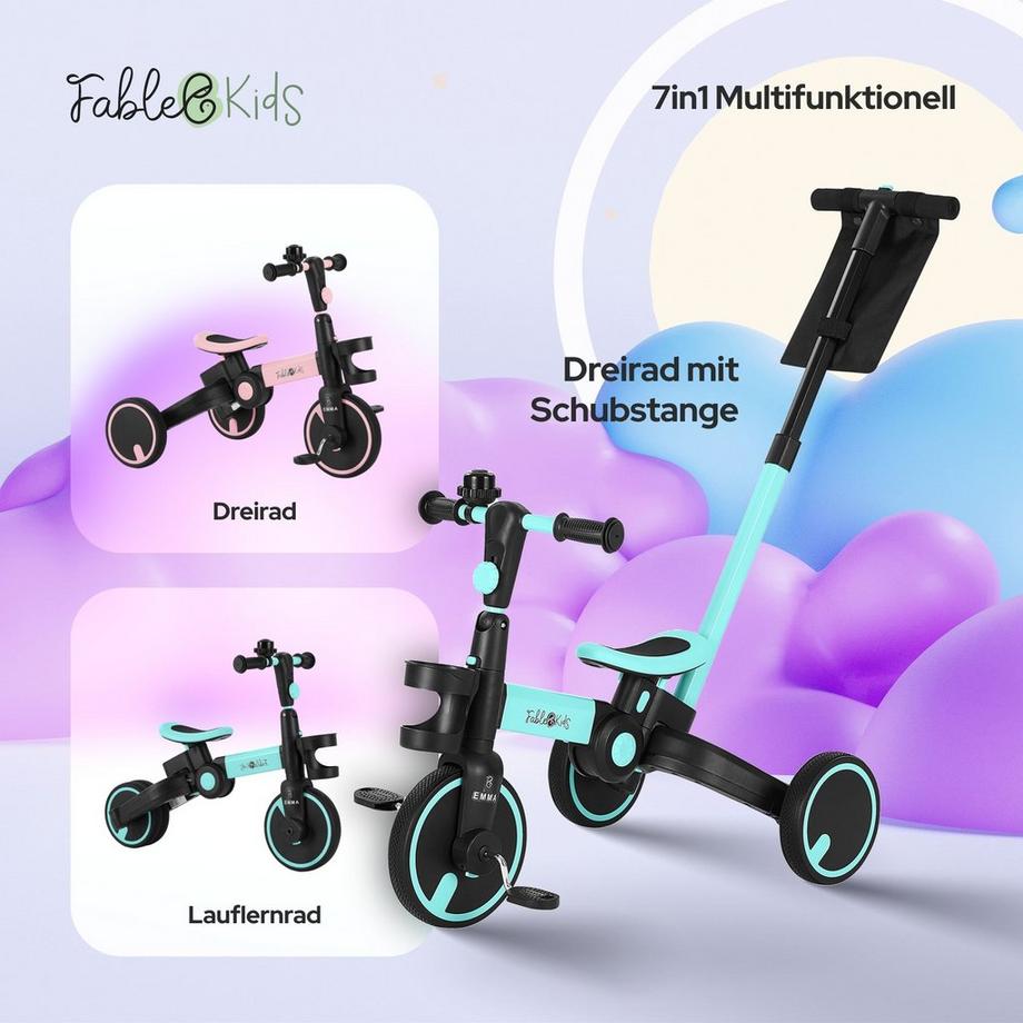 FableKids  Triciclo 7in1 per Bambini per L'apprendimento della Bicicletta 