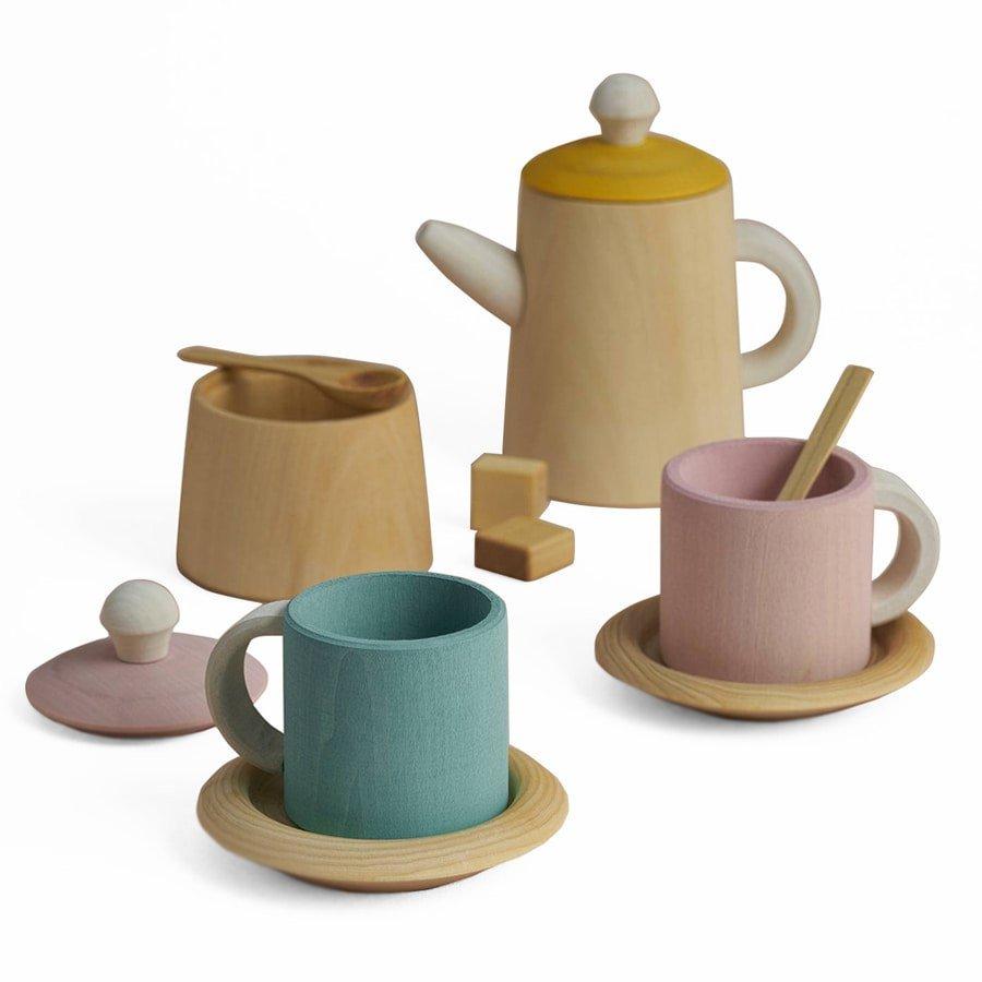 Image of Geschenk für ein Kind, Waldorf Spielzeug, Kinderspielzeug, Küchenspielzeug - TEA SET MUSTARD & PINK Multicolor