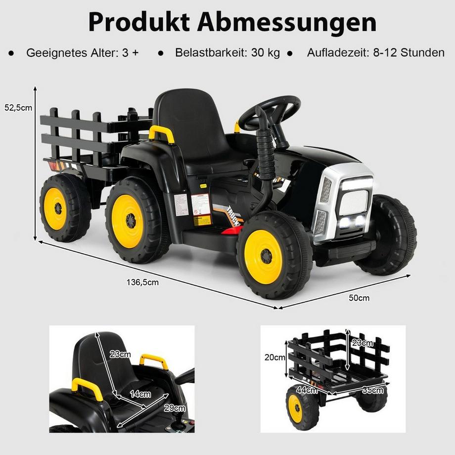 B2X  12 V Kinder Traktor mit Abnehmbarem Anhänger & Fernbedienung Elektrisches Spielzeugauto Schwarz 