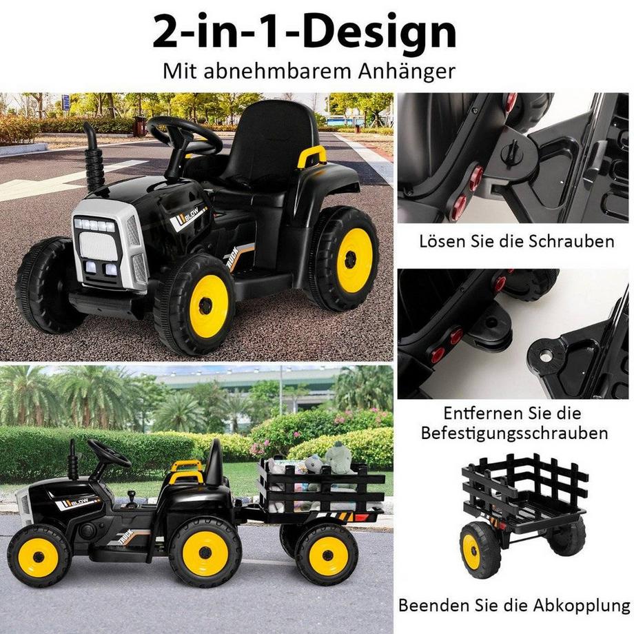 B2X  12 V Kinder Traktor mit Abnehmbarem Anhänger & Fernbedienung Elektrisches Spielzeugauto Schwarz 