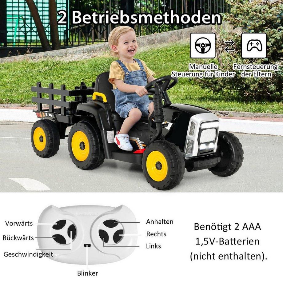 B2X  12 V Kinder Traktor mit Abnehmbarem Anhänger & Fernbedienung Elektrisches Spielzeugauto Schwarz 