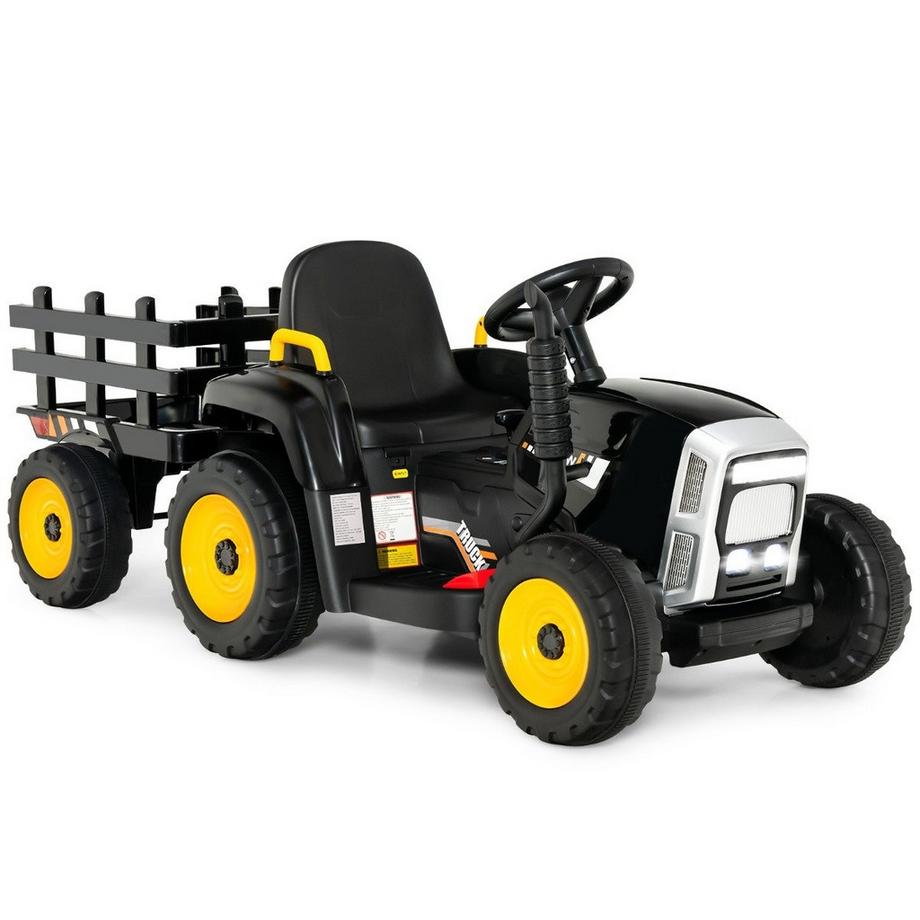 B2X  12 V Kinder Traktor mit Abnehmbarem Anhänger & Fernbedienung Elektrisches Spielzeugauto Schwarz 