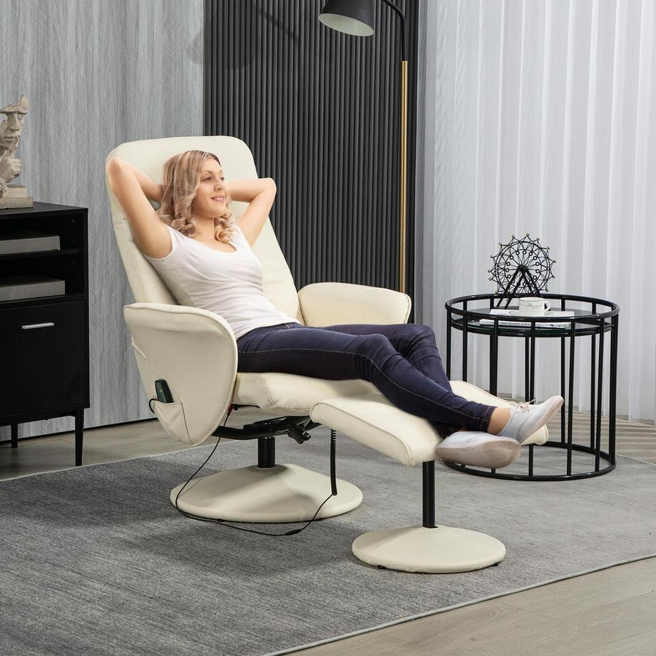 Northio Relaxsessel mit Fußhocker, Elektrischer Massagesessel mit Liegefunktion, 10 Massagepunkte, Drehbarer Fernsehsessel mit Seitentasche, Fernbedienung, Kunstleder, Cremeweiß  