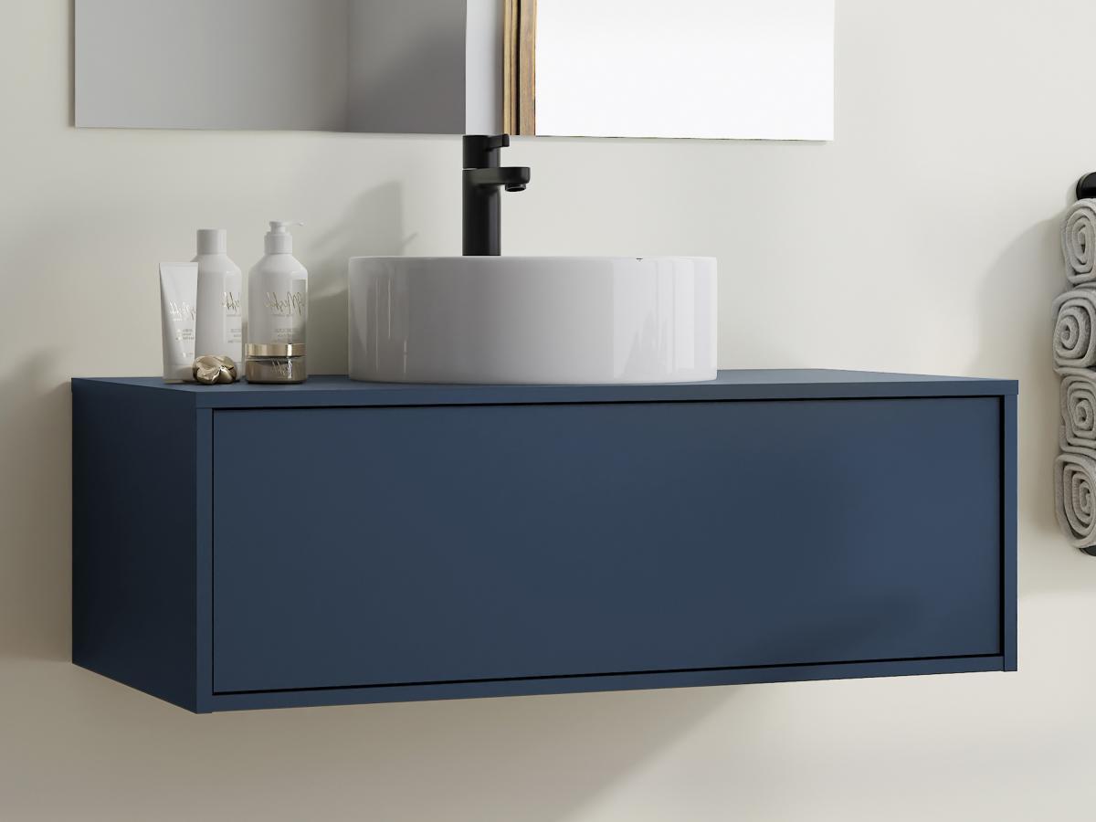 Vente-unique Mobile per bagno sospeso colore con lavabo singolo tondo 94 cm  Blu notte - TEANA II  