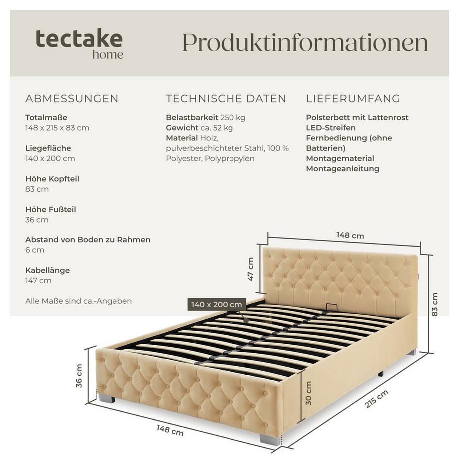 Tectake Letto trapuntato Venezia Effetto velluto con motivo trapuntato  