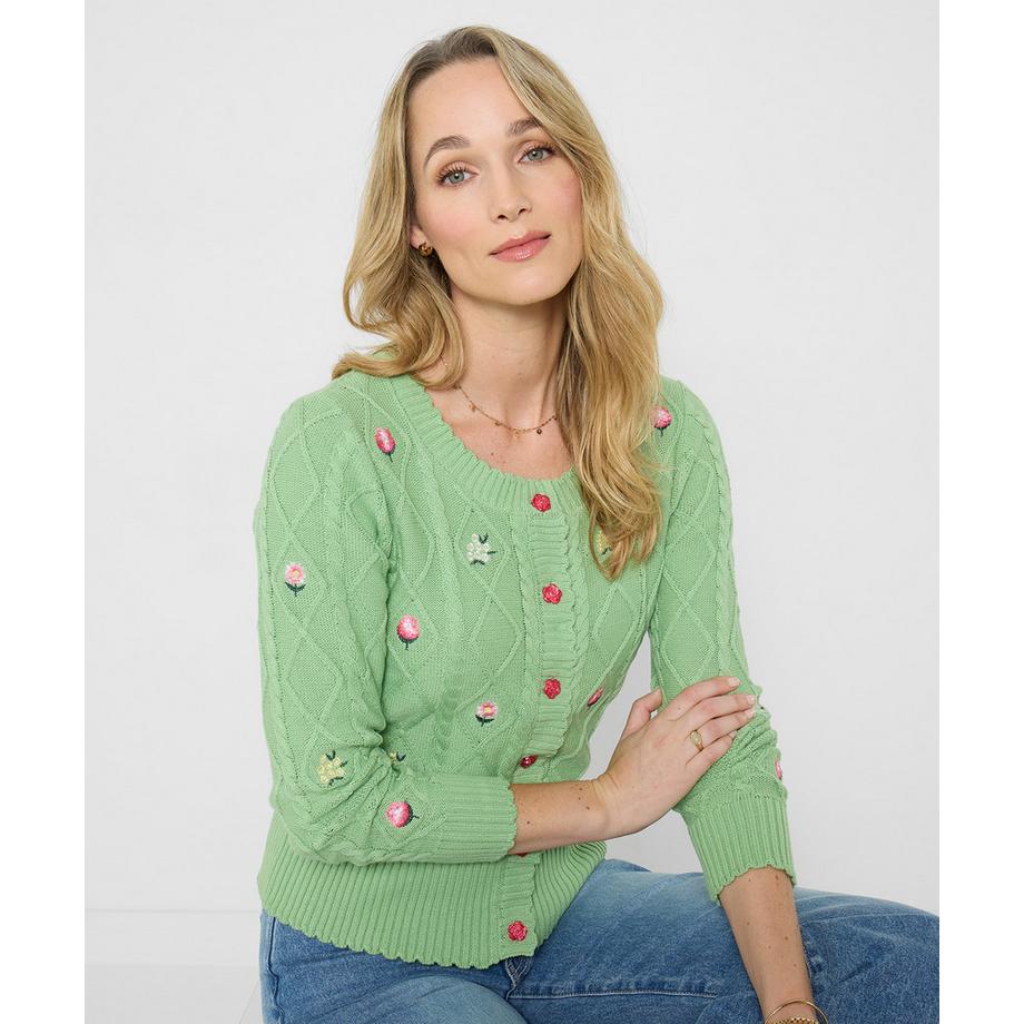 Strickjacke mit Blumenstickerei und Zopfmuster