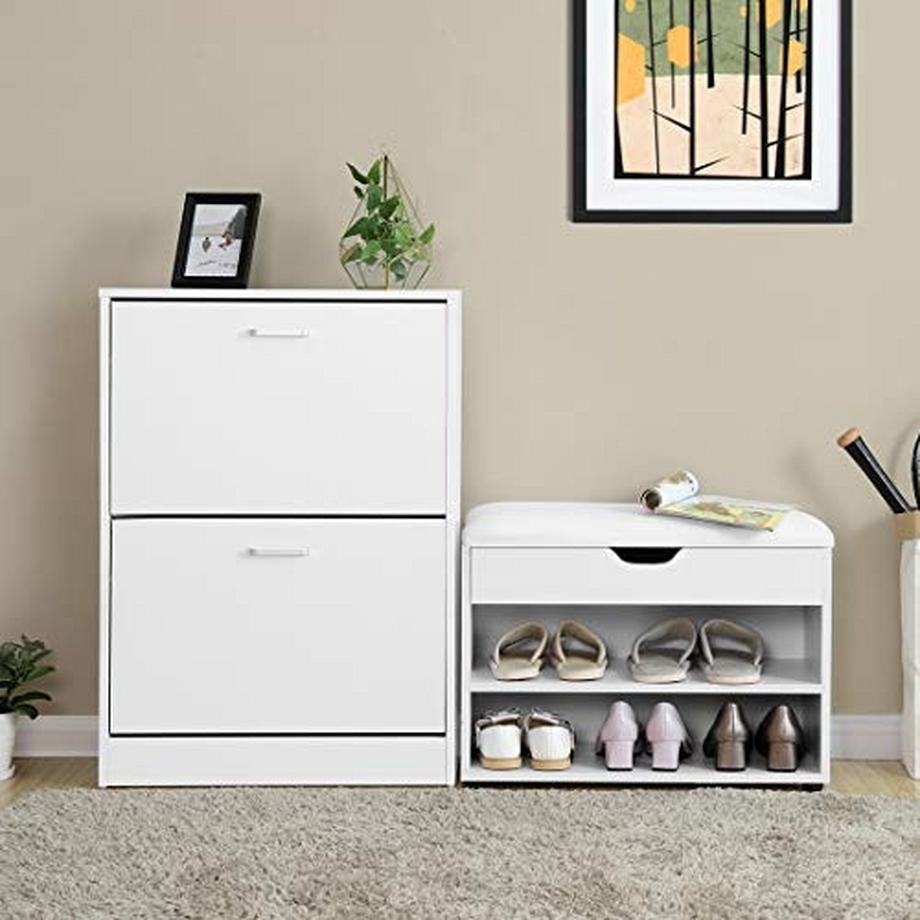 Pricenet Mattweiße Schuhbank aus Holz mit gepolstertem Sitz und Stauraum  