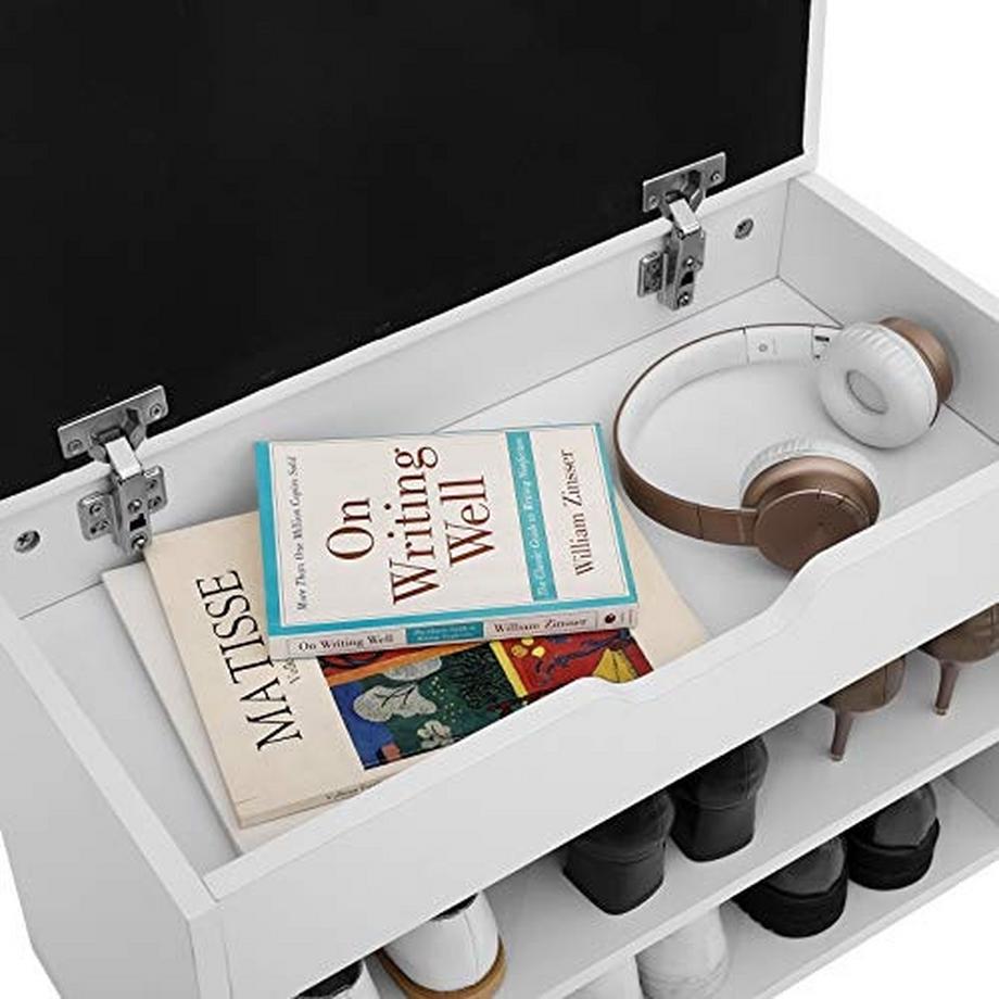 Pricenet Mattweiße Schuhbank aus Holz mit gepolstertem Sitz und Stauraum  