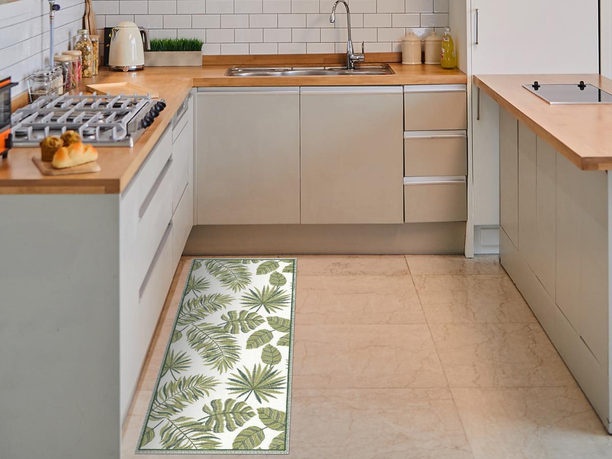 Vente-unique  Tapis de couloir en vinyle motif tropical - 66 x 160 cm - Vert et blanc - TROPICALA 